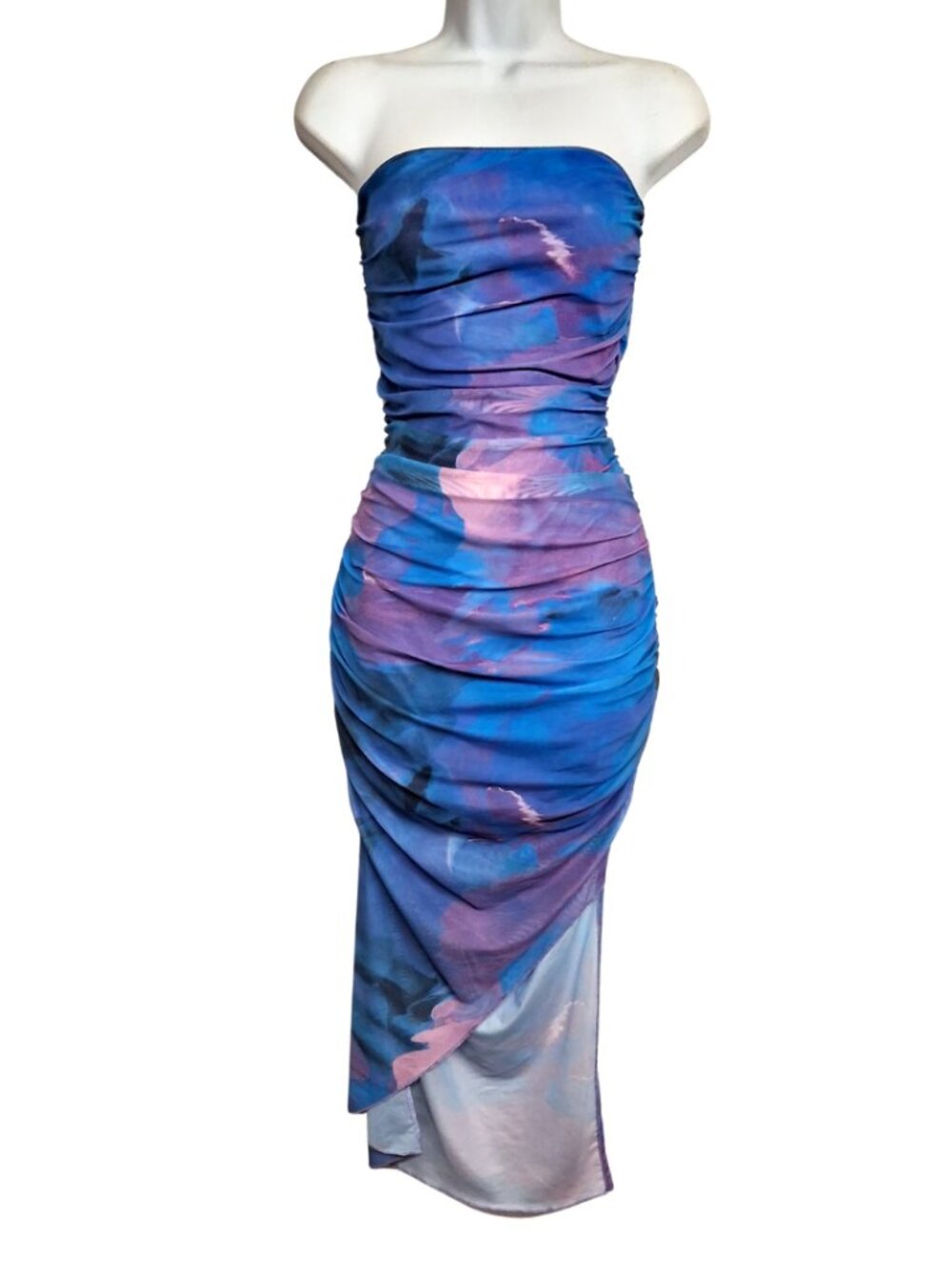 SHEIN Bodycon Dress Blue Purple Strapless Print Midi Stretchy Small